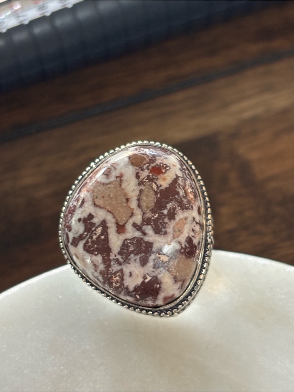 Sterling Silver Brown & Cream Stone Statement Ring